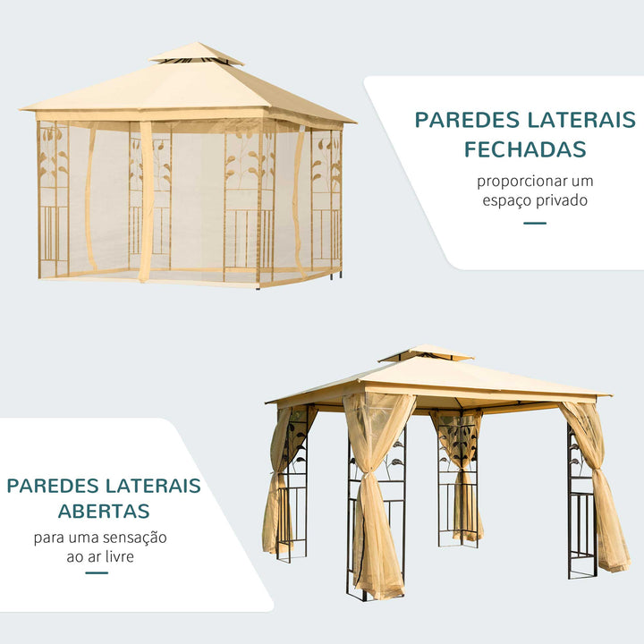 Pérgola de Jardim 300x300x265 cm Pérgola de Exterior com Teto Duplo Mosquiteira e Orifícios de Drenagem Bege