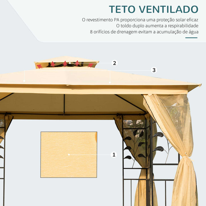 Pérgola de Jardim 300x300x265 cm Pérgola de Exterior com Teto Duplo Mosquiteira e Orifícios de Drenagem Bege