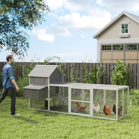 Galinheiro Grande de Madeira 310,5x149,5x149 cm Gaiola para Galinhas com 2 Janelas Portas Ninho Bandeja Amovível e Rampa para Exterior Cinza