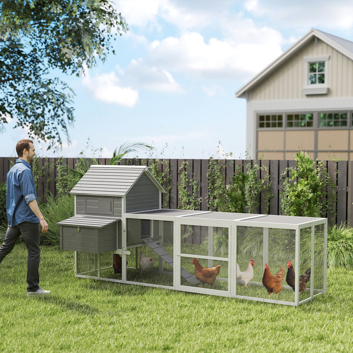 Galinheiro Grande de Madeira 310,5x149,5x149 cm Gaiola para Galinhas com 2 Janelas Portas Ninho Bandeja Amovível e Rampa para Exterior Cinza