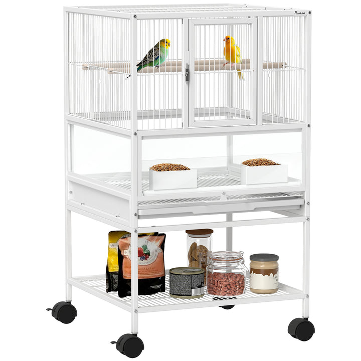 Gaiola para Pássaros Gaiola Grande com Rodas Painéis Acrílicos Comedouros Poleiros Prateleira Bandeja Amovível Gaiola para Papagaios Canários 48x46x83 cm Branco