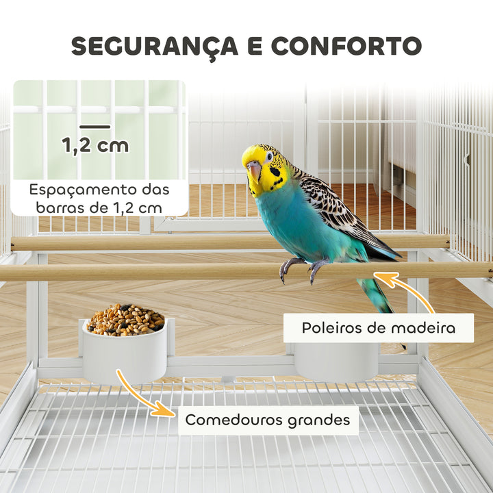 Gaiola para Pássaros Gaiola Grande com Rodas Painéis Acrílicos Comedouros Poleiros Prateleira Bandeja Amovível Gaiola para Papagaios Canários 48x46x83 cm Branco