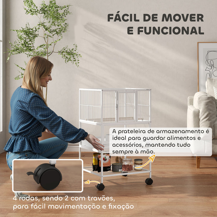 Gaiola para Pássaros Gaiola Grande com Rodas Painéis Acrílicos Comedouros Poleiros Prateleira Bandeja Amovível Gaiola para Papagaios Canários 48x46x83 cm Branco