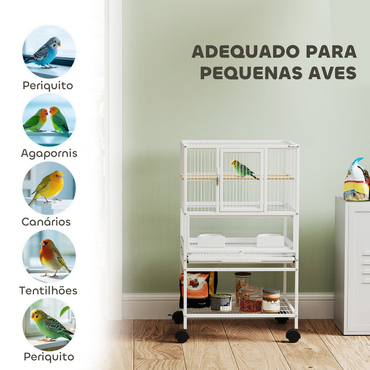 Gaiola para Pássaros Gaiola Grande com Rodas Painéis Acrílicos Comedouros Poleiros Prateleira Bandeja Amovível Gaiola para Papagaios Canários 48x46x83 cm Branco
