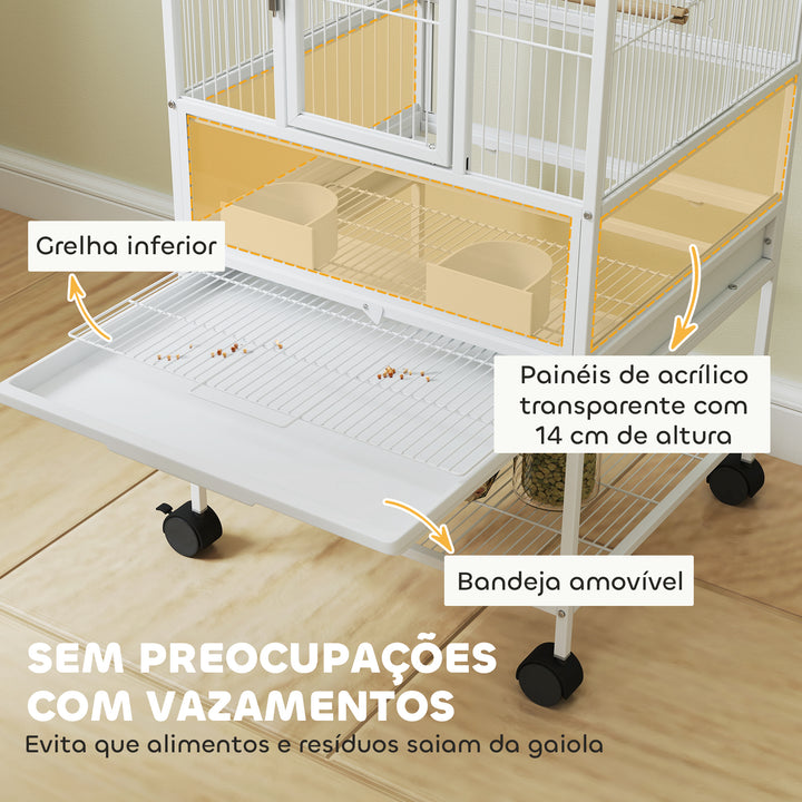 Gaiola para Pássaros Gaiola Grande com Rodas Painéis Acrílicos Comedouros Poleiros Prateleira Bandeja Amovível Gaiola para Papagaios Canários 48x46x83 cm Branco