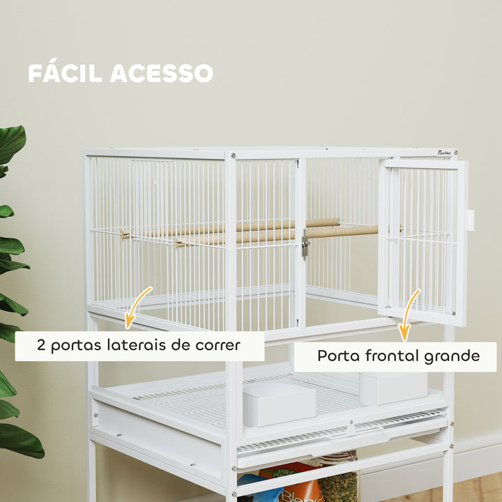 Gaiola para Pássaros Gaiola Grande com Rodas Painéis Acrílicos Comedouros Poleiros Prateleira Bandeja Amovível Gaiola para Papagaios Canários 48x46x83 cm Branco