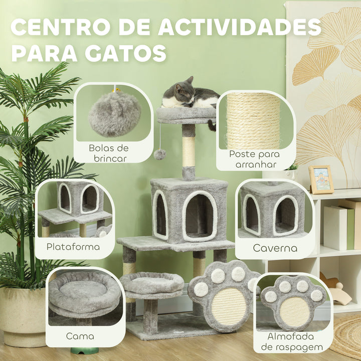 Arranhador para Gatos 110 cm Arranhador para Gatos Torre para Gatos com Ninho Caverna Plataforma Arranhador Bola Suspensa Cinza Claro