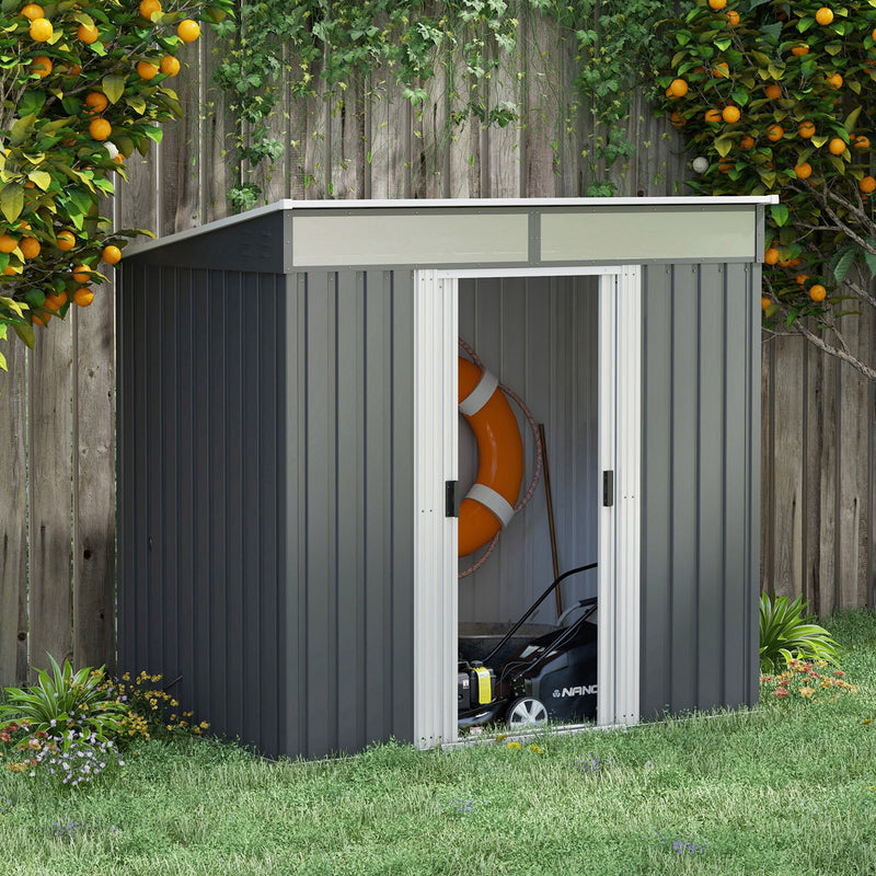 Abrigo de Jardim 2 m² 195x122x181,5 cm Abrigo de Armazenamento Metálico com Porta de Correr 2 Janelas e Anti-UV para Armazenar Ferramentas Pátio Exterior Cinza Escuro