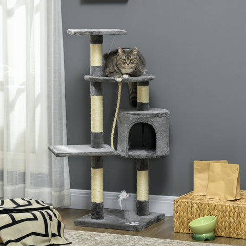 Arranhador para Gatos com Arranhador de 116 cm e 4 Níveis com Poste para Afiar as Garras Caverna Espaçosa Plataformas e Brinquedos Divertidos 40x40x116 cm Cinzento Escuro