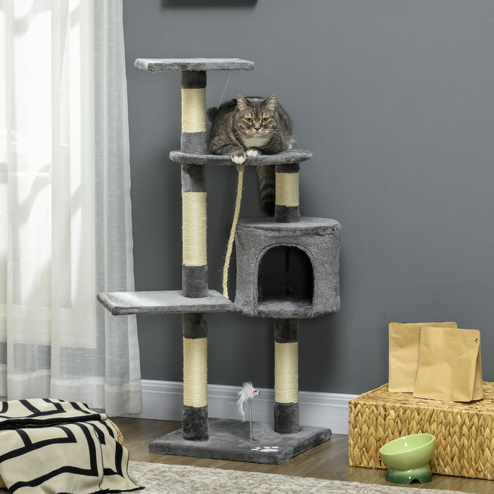 Arranhador para Gatos com Arranhador de 116 cm e 4 Níveis com Poste para Afiar as Garras Caverna Espaçosa Plataformas e Brinquedos Divertidos 40x40x116 cm Cinzento Escuro