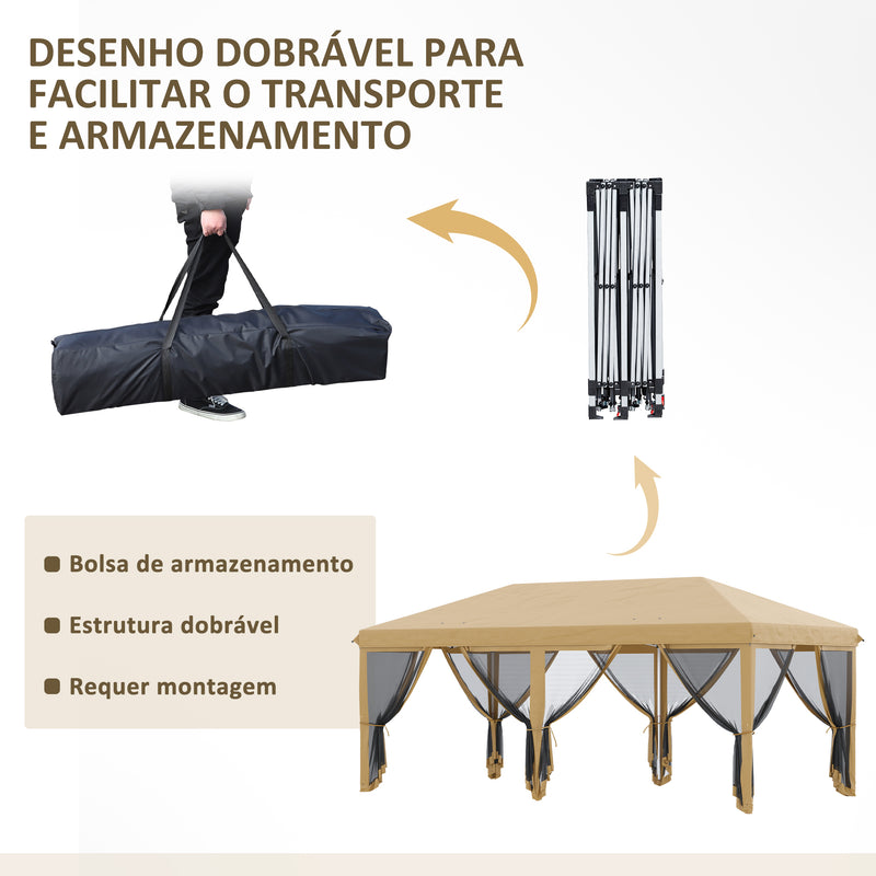 Tenda para Festas 6x3 m Tenda de Jardim com 6 Mosquiteiros Bolsa de Transporte e Estrutura de Aço para Campismo Festas Bege