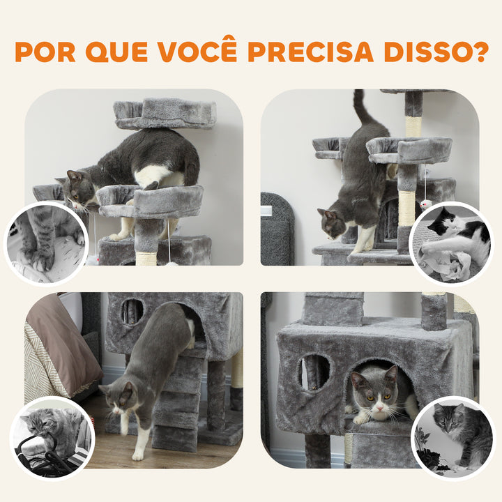 Arranhador para Gatos Arranhador de Gatos 153 cm com 2 Cavernas 3 Camas 2 Rampas Postes de Sisal e 2 Ratos Pendentes Cinzento