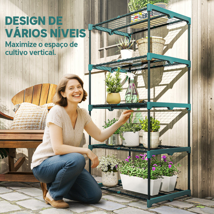 Suporte para Plantas de 5 Níveis Estante de Aço com Prateleiras de Rede Interior e Exterior, 67x49x138 cm Verde Escuro