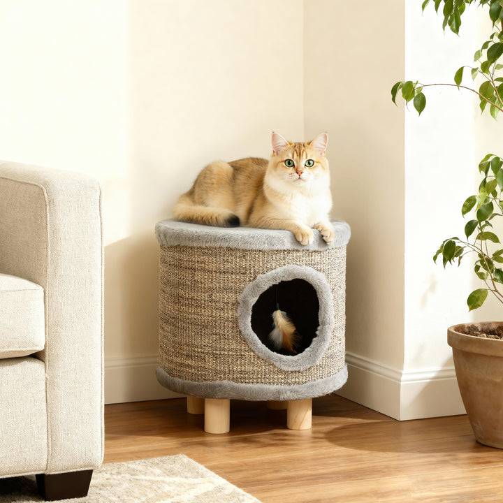 Casa para Gatos 3 em 1 Banco Apoio para os Pés e Cama com Arranhador Pés de Madeira e Brinquedo Pendurado para Interior 36x36x38 cm Cinzento