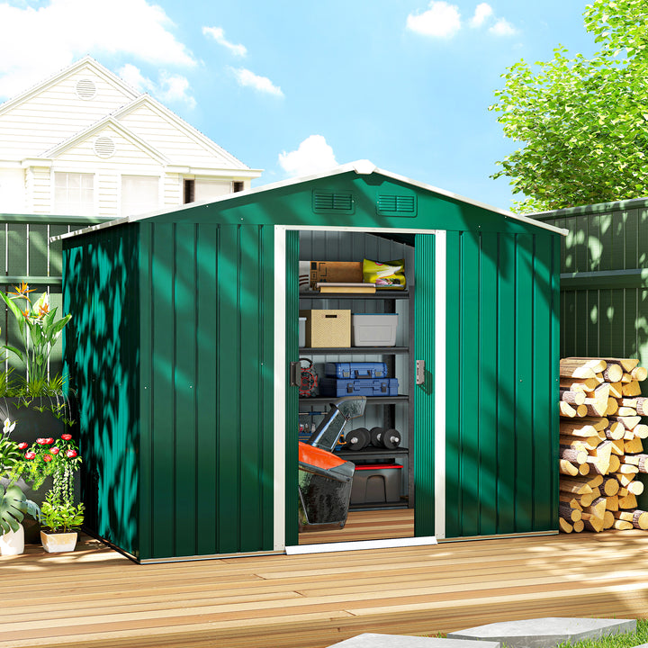 Abrigo de Jardim de 4,1 m² 236x174x190 cm Abrigo de Exterior para Armazenamento de Ferramentas com Portas de Correr e 4 Janelas de Ventilação para Pátio Verde