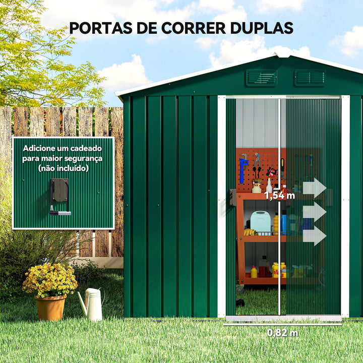 Abrigo de Jardim de 4,1 m² 236x174x190 cm Abrigo de Exterior para Armazenamento de Ferramentas com Portas de Correr e 4 Janelas de Ventilação para Pátio Verde