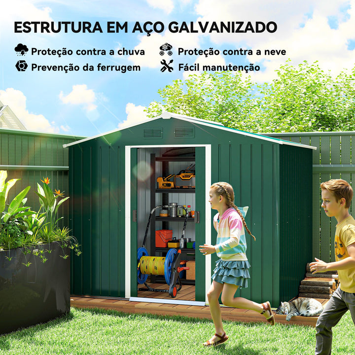 Abrigo de Jardim de 4,1 m² 236x174x190 cm Abrigo de Exterior para Armazenamento de Ferramentas com Portas de Correr e 4 Janelas de Ventilação para Pátio Verde