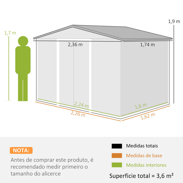 Abrigo de Jardim de 4,1 m² 236x174x190 cm Abrigo de Exterior para Armazenamento de Ferramentas com Portas de Correr e 4 Janelas de Ventilação para Pátio Verde