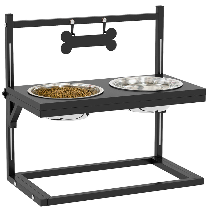 Comedouro Elevado para Cães Alimentador para Cães com 2 Tigelas de Aço Inoxidável com Altura Ajustável e 1 Peça de Metal com Formato de Osso 40,5x22x39 cm Preto