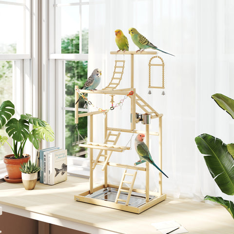 Parque de Jogos para Pássaros Suporte de Madeira para Pássaros com Escadas Baloiço Brinquedo de Corrente Bandeja Comedouros para Periquitos Cacatuas Caturras Agapornis 48x38x95 cm Madeira