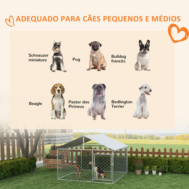 Canil de Exterior para Cães Médios Gaiola para Cães com Fechadura Estrutura de Aço Toldo Impermeável e Anti-UV 200x200x150 cm Prata