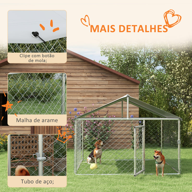 Canil de Exterior para Cães Médios Gaiola para Cães com Fechadura Estrutura de Aço Toldo Impermeável e Anti-UV 200x200x150 cm Prata