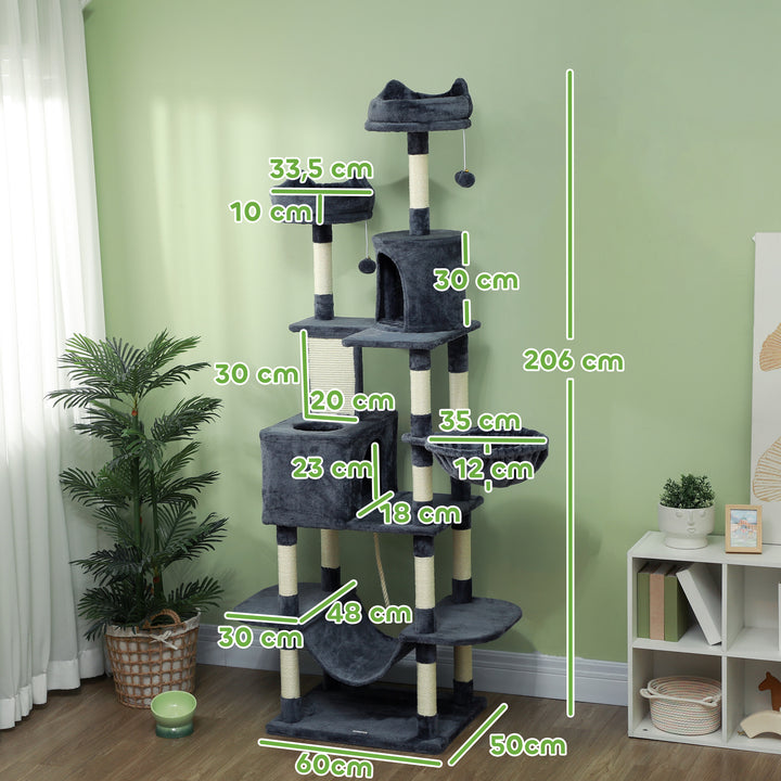 Arranhador para Gatos Grande Arranhador para Gatos Torre para Gatos com Plataformas Caverna Bolas Suspensa e Rede 60x50x206 cm Cinza Escuro