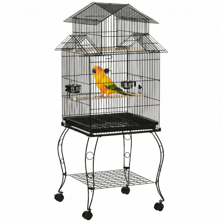Gaiola para Pássaros com Rodas Gaiola Grande com Suporte 50x49x137 cm com Bandeja Amovível Portas Comedouro Poleiro e Prateleira Inferior para Canários Periquitos Preto