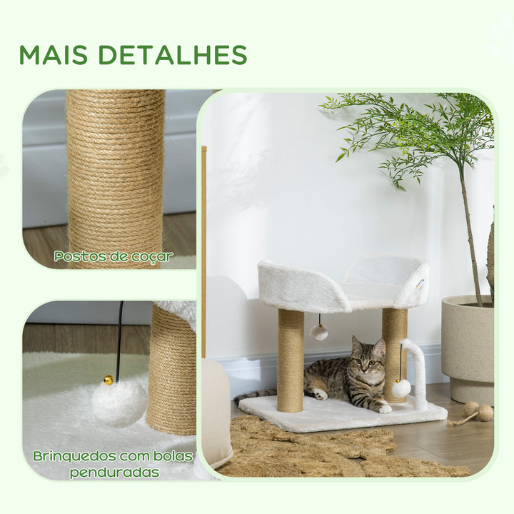 Arranhador para Gatos Pequenos Altura 42 cm Arranhador para Gatos com Cama Bolas Supensas e Postes de Juta 48x38x42 cm Branco
