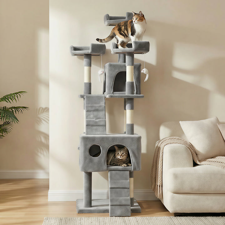 Arranhador para Gatos Arranhador de Gatos 153 cm com 2 Cavernas 3 Camas 2 Rampas Postes de Sisal e 2 Ratos Pendentes Cinzento
