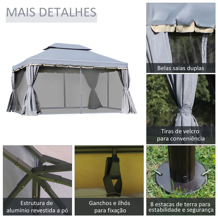 Pavilhão de Jardim 4x3 m, Gazebo com Telhado Duplo, 4 Cortinas e Rede Mosquiteira, Estrutura de Alumínio, Orifícios de Drenagem, UPF50+, Tenda para Exterior, Terraço, Cinzento
