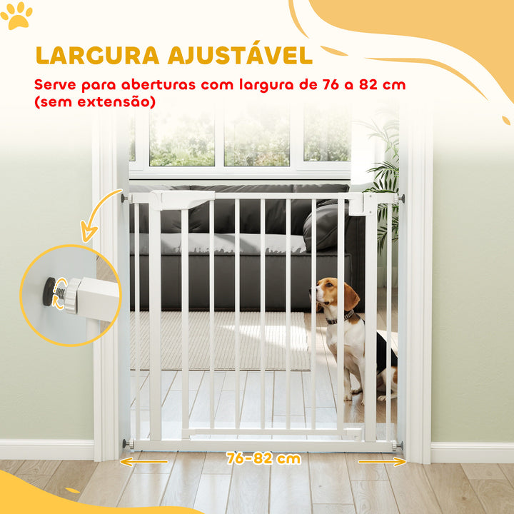 Barreira de Segurança para Crianças e Cães Largura 76-82 cm Porta para Cães Bloqueio Duplo Fecho Automático Abertura em Dois Sentidos para Portas Escadas Montagem por Pressão Branco