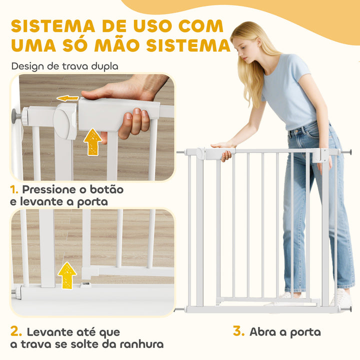 Barreira de Segurança para Crianças e Cães Largura 76-82 cm Porta para Cães Bloqueio Duplo Fecho Automático Abertura em Dois Sentidos para Portas Escadas Montagem por Pressão Branco