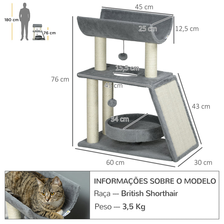 Arrador para Gatos Arranhador para Gatos Altura 76 cm com 4 Postes de Arranhar Cama Plataforma em U Almofada para Arranhar Bolas Suspensas Cinzento