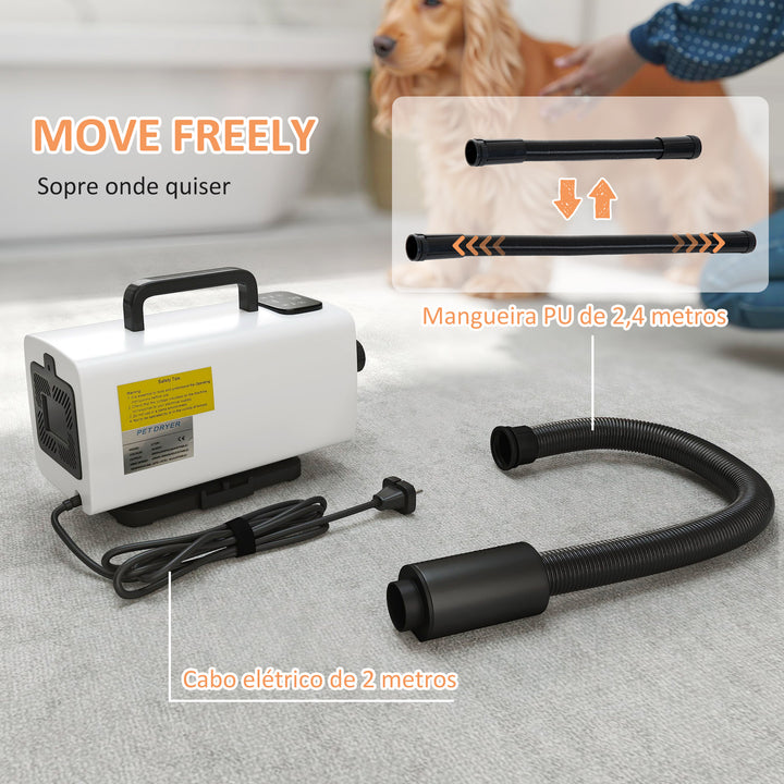 Secador de Cães Secador para Animais de Estimação 2200 W Velocidade e Temperatura Ajustáveis 3 Bicos Ecrã Digital para Higiene Banho Secagem 34x16x25 cm Branco