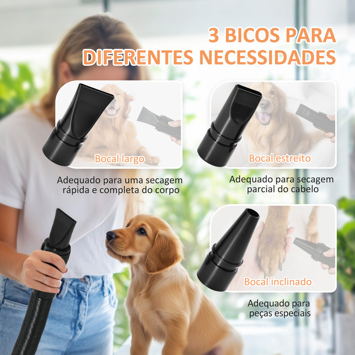 Secador de Cães Secador para Animais de Estimação 2200 W Velocidade e Temperatura Ajustáveis 3 Bicos Ecrã Digital para Higiene Banho Secagem 34x16x25 cm Branco