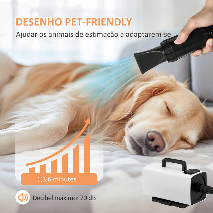 Secador de Cães Secador para Animais de Estimação 2200 W Velocidade e Temperatura Ajustáveis 3 Bicos Ecrã Digital para Higiene Banho Secagem 34x16x25 cm Branco