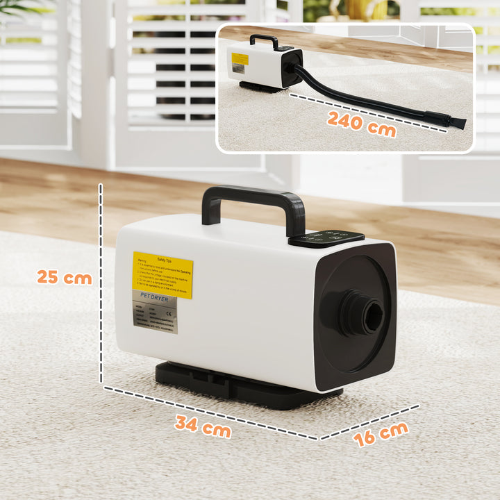 Secador de Cães Secador para Animais de Estimação 2200 W Velocidade e Temperatura Ajustáveis 3 Bicos Ecrã Digital para Higiene Banho Secagem 34x16x25 cm Branco