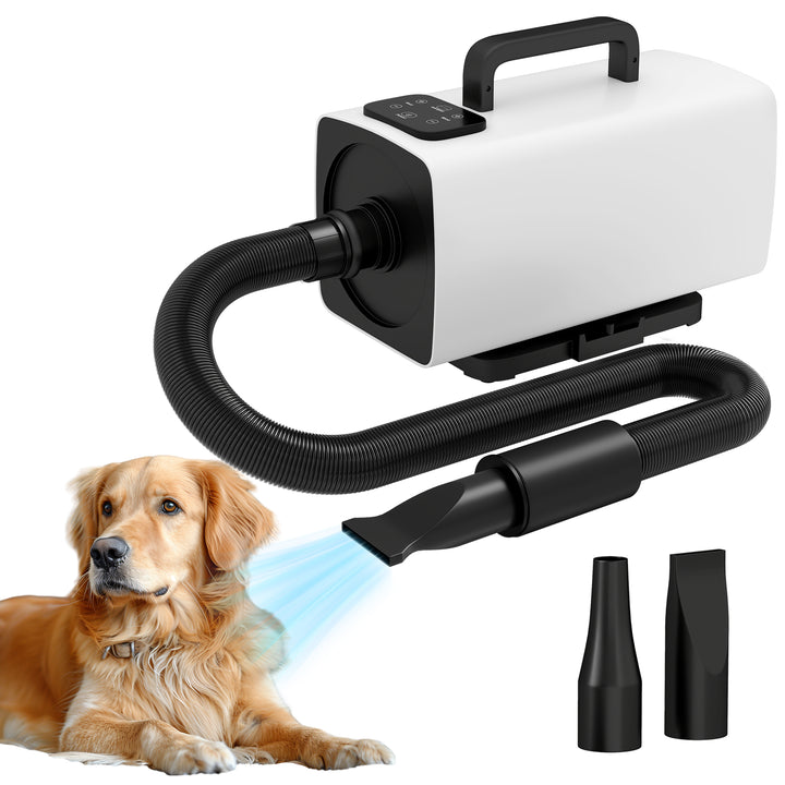 Secador de Cães Secador para Animais de Estimação 2200 W Velocidade e Temperatura Ajustáveis 3 Bicos Ecrã Digital para Higiene Banho Secagem 34x16x25 cm Branco