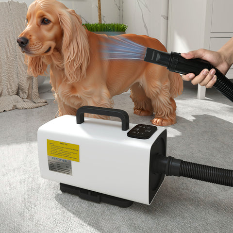 Secador de Cães Secador para Animais de Estimação 2200 W Velocidade e Temperatura Ajustáveis 3 Bicos Ecrã Digital para Higiene Banho Secagem 34x16x25 cm Branco