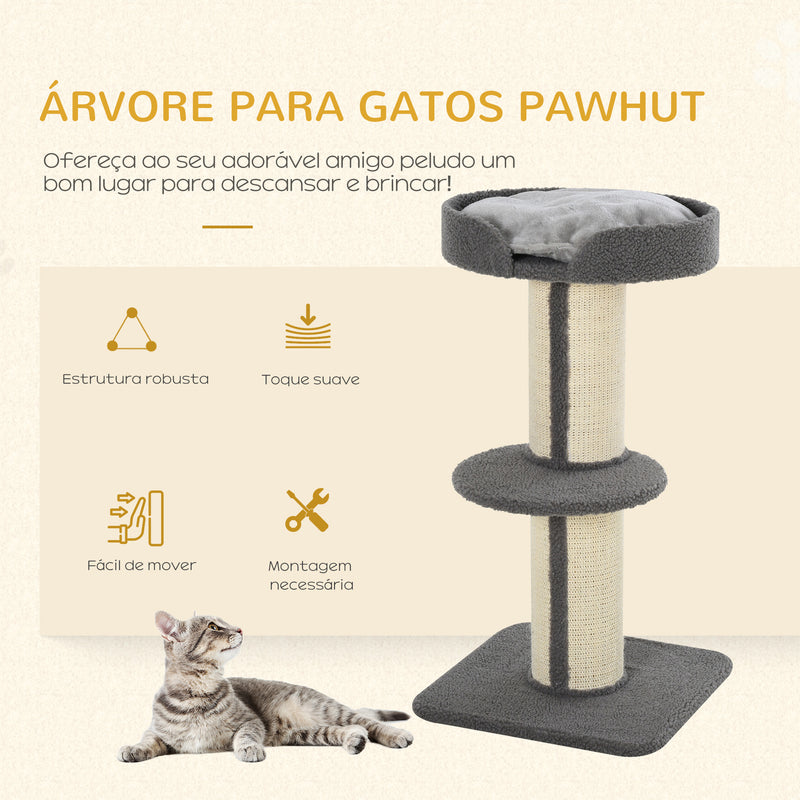 Arranhador para Gatos Altura 91 cm Arranhador para Gatos de 3 Níveis com Ninho Plataforma e Poste de Sisal 45x45x91 cm Cinza