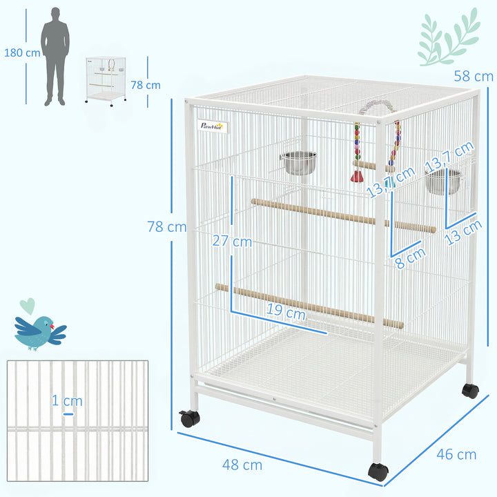 Gaiola para Pássaros com Rodas Gaiola de Aço com Poleiros Baloiço Bandeja Removível e Tigelas de Aço Inoxidável Grande para Papagaios Canários Periquitos 48x46x78 cm Branco