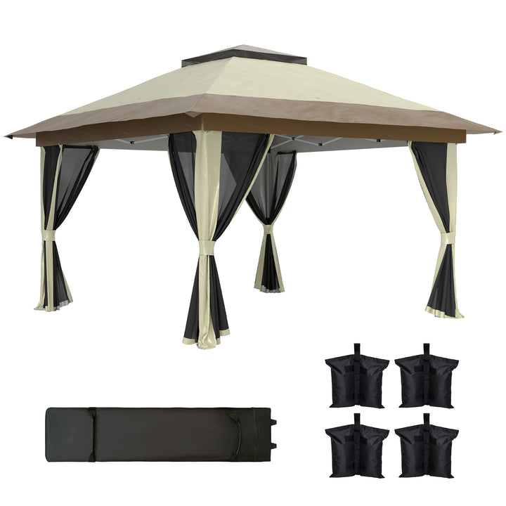 Pérgola Dobrável 356x356x280 cm Pérgola Dobrável com 4 Paredes Laterais de Malha Anti-UV Altura Ajustável Bolsa de Areia e Bolsa de Transporte para Campismo Festas Bege e Marrom