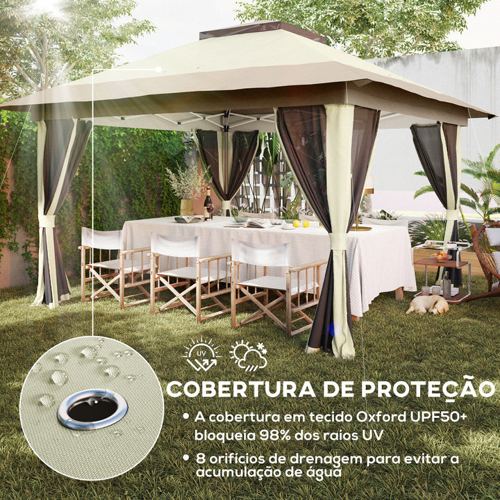Pérgola Dobrável 356x356x280 cm Pérgola Dobrável com 4 Paredes Laterais de Malha Anti-UV Altura Ajustável Bolsa de Areia e Bolsa de Transporte para Campismo Festas Bege e Marrom