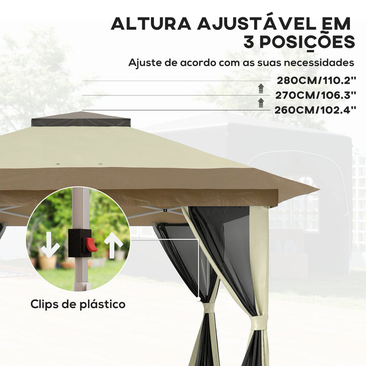 Pérgola Dobrável 356x356x280 cm Pérgola Dobrável com 4 Paredes Laterais de Malha Anti-UV Altura Ajustável Bolsa de Areia e Bolsa de Transporte para Campismo Festas Bege e Marrom