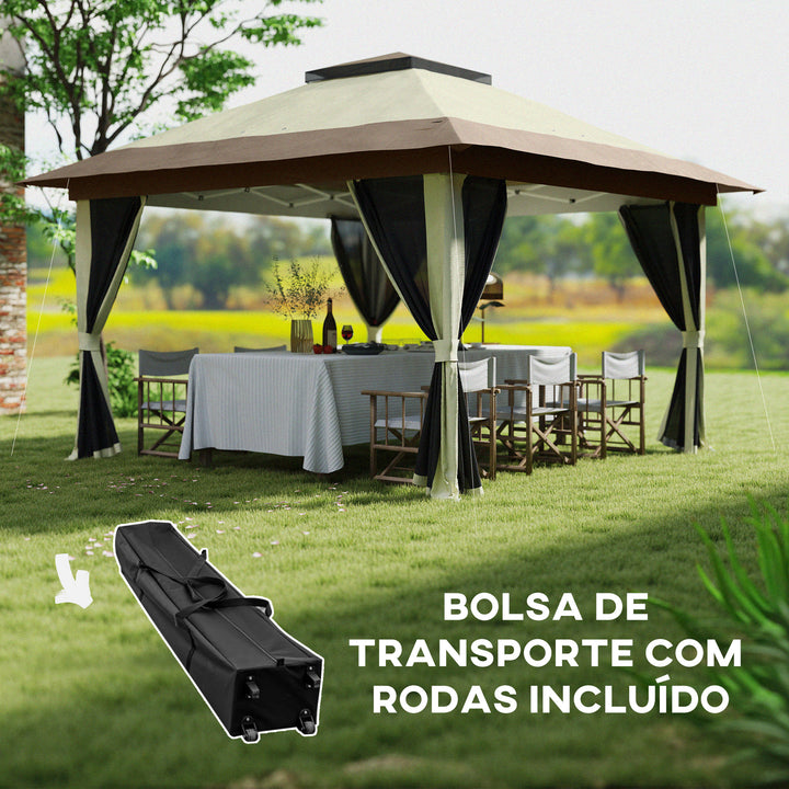 Pérgola Dobrável 356x356x280 cm Pérgola Dobrável com 4 Paredes Laterais de Malha Anti-UV Altura Ajustável Bolsa de Areia e Bolsa de Transporte para Campismo Festas Bege e Marrom