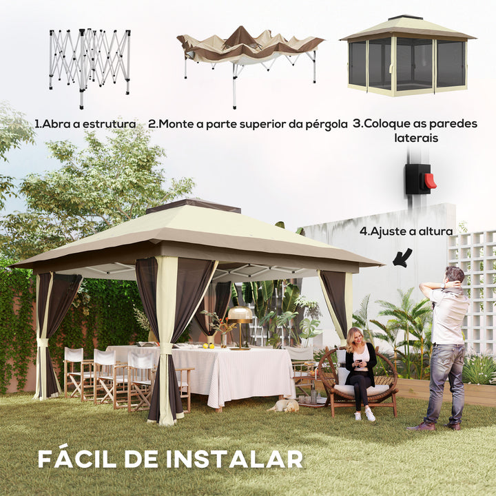 Pérgola Dobrável 356x356x280 cm Pérgola Dobrável com 4 Paredes Laterais de Malha Anti-UV Altura Ajustável Bolsa de Areia e Bolsa de Transporte para Campismo Festas Bege e Marrom