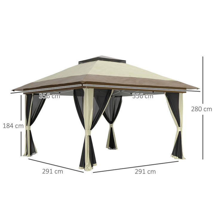 Pérgola Dobrável 356x356x280 cm Pérgola Dobrável com 4 Paredes Laterais de Malha Anti-UV Altura Ajustável Bolsa de Areia e Bolsa de Transporte para Campismo Festas Bege e Marrom