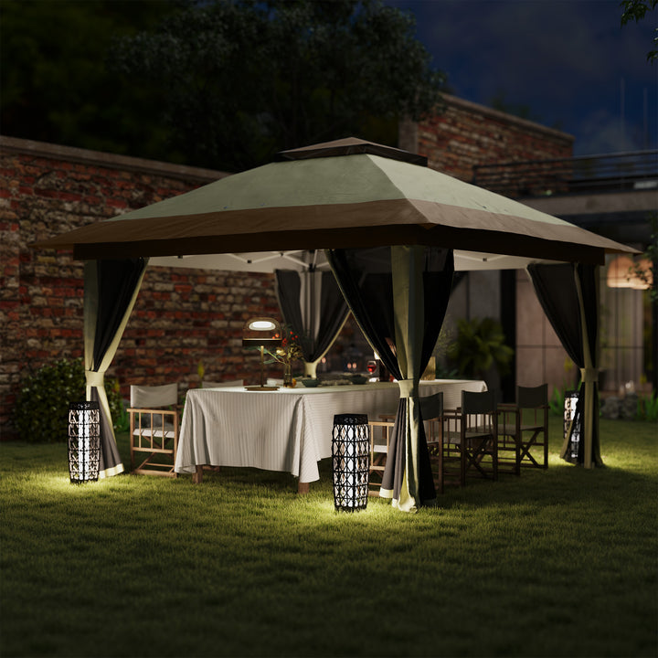 Pérgola Dobrável 356x356x280 cm Pérgola Dobrável com 4 Paredes Laterais de Malha Anti-UV Altura Ajustável Bolsa de Areia e Bolsa de Transporte para Campismo Festas Bege e Marrom