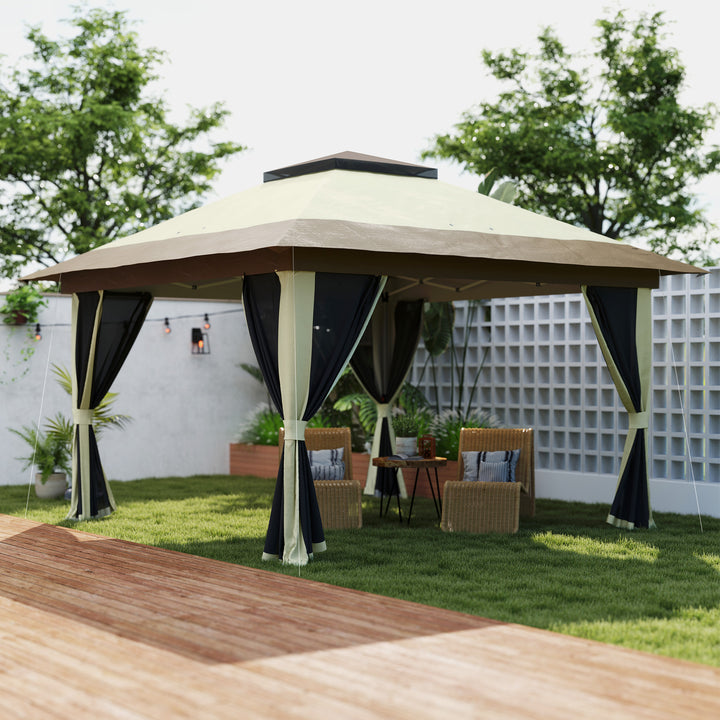 Pérgola Dobrável 356x356x280 cm Pérgola Dobrável com 4 Paredes Laterais de Malha Anti-UV Altura Ajustável Bolsa de Areia e Bolsa de Transporte para Campismo Festas Bege e Marrom